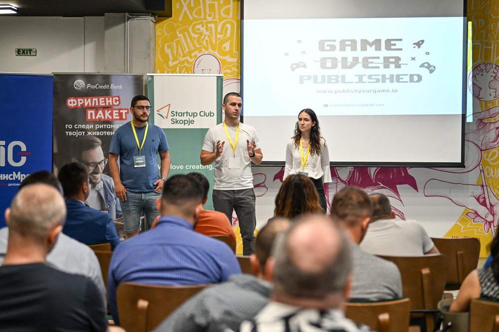Founder pitching a demo to operators after a hackathon.