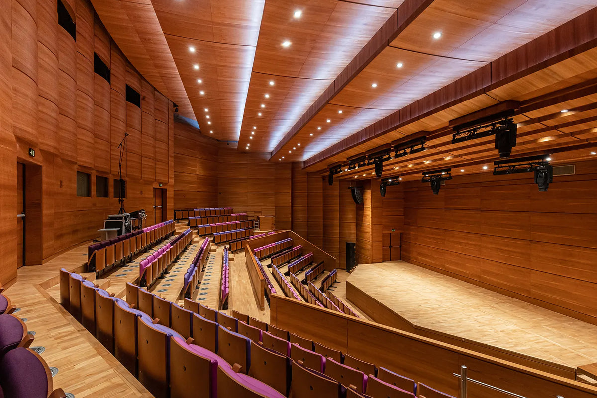 The Macedonian Philharmonic seen from the Vardar side, with its glass wall and lawn